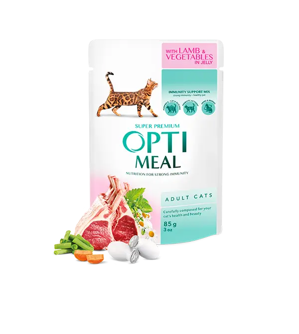 Hrana umeda pentru pisici adulte, Super Premium OPTIMEAL WET FOOD , miel si legume, 85g
