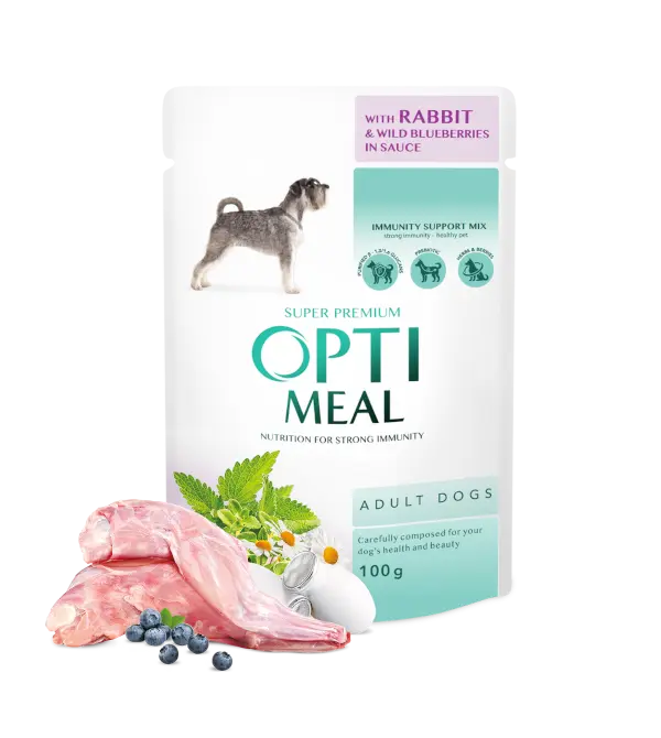 Hrana umeda pentru caini adulti, Super Premium OPTIMEAL, IEPURE SI AFINE IN SOS, 100g