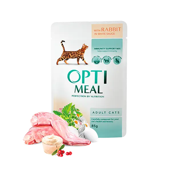 Hrana umeda pentru pisici adulte, Super Premium OPTIMEAL WET FOOD, iepure in sos alb, 85g