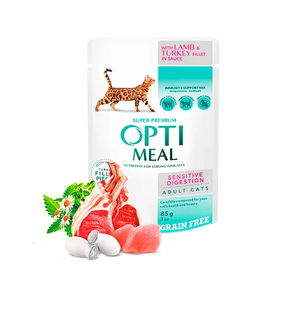 Hrana umeda pentru pisici adulte cu digestie sensibila, Super Premium OPTIMEAL WET FOOD, fara cereale, curcan si ficat de miel in sos, 85g