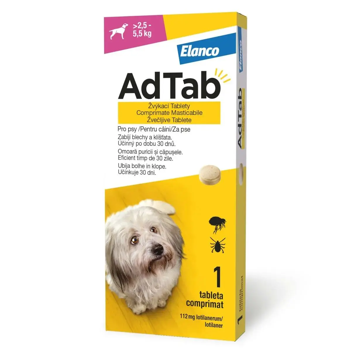 AdTab 112 mg, Antiparazitar Masticabil pentru Caini (2.5 - 5.5 kg), 1 Comprimat