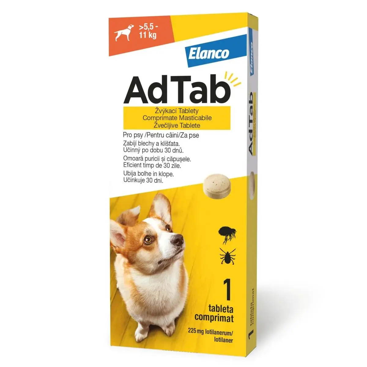 AdTab 225 mg, Antiparazitar Masticabil pentru Caini (5.5 - 11 kg), 1 Comprimat