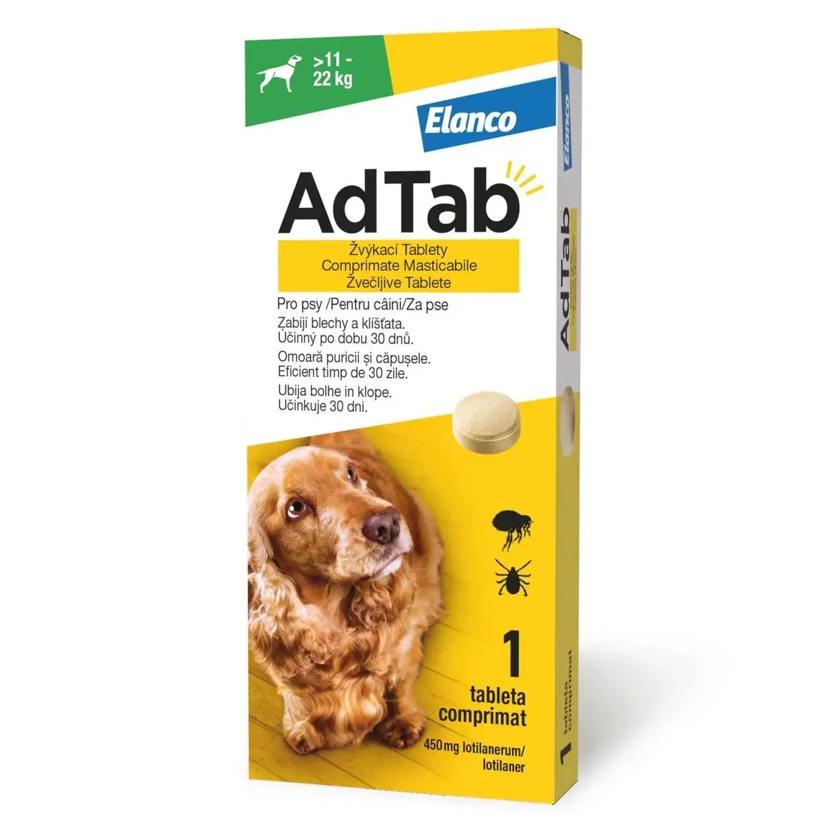 AdTab 450 mg, Antiparazitar Masticabil pentru Caini (11 - 22 kg), 1 Comprimat