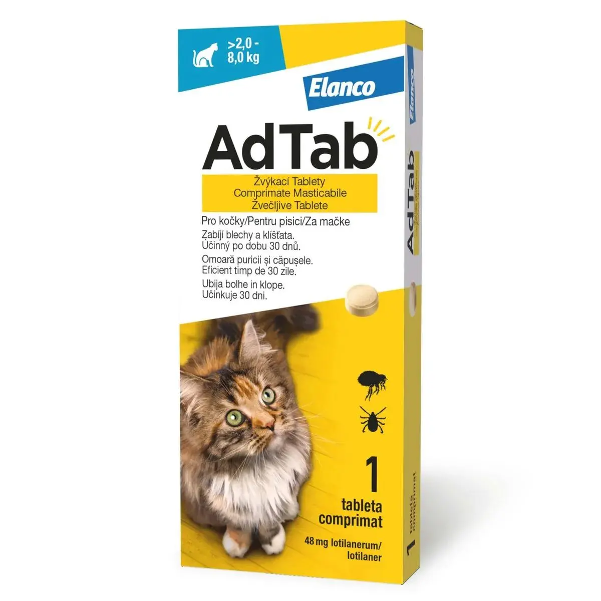 AdTab 48 mg, Antiparazitar Masticabil pentru Pisici (2 - 8 kg), 1 Comprimat