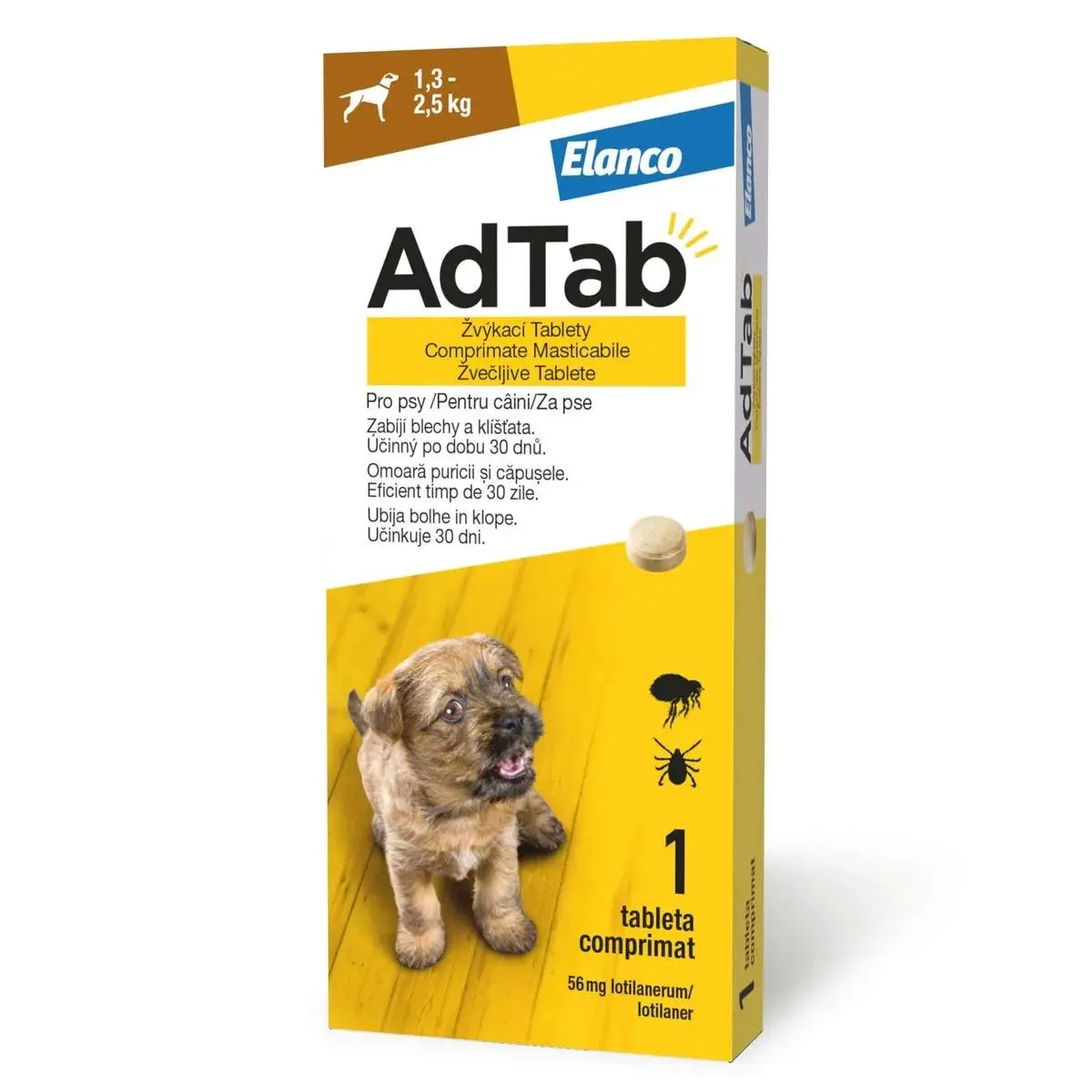 AdTab 56 mg, Antiparazitar Masticabil pentru Caini (1.3 - 2.5 kg), 1 Comprimat