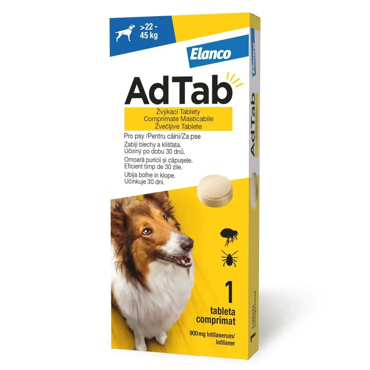 AdTab 900 mg, Antiparazitar Masticabil pentru Caini (22 - 45 kg), 1 Comprimat