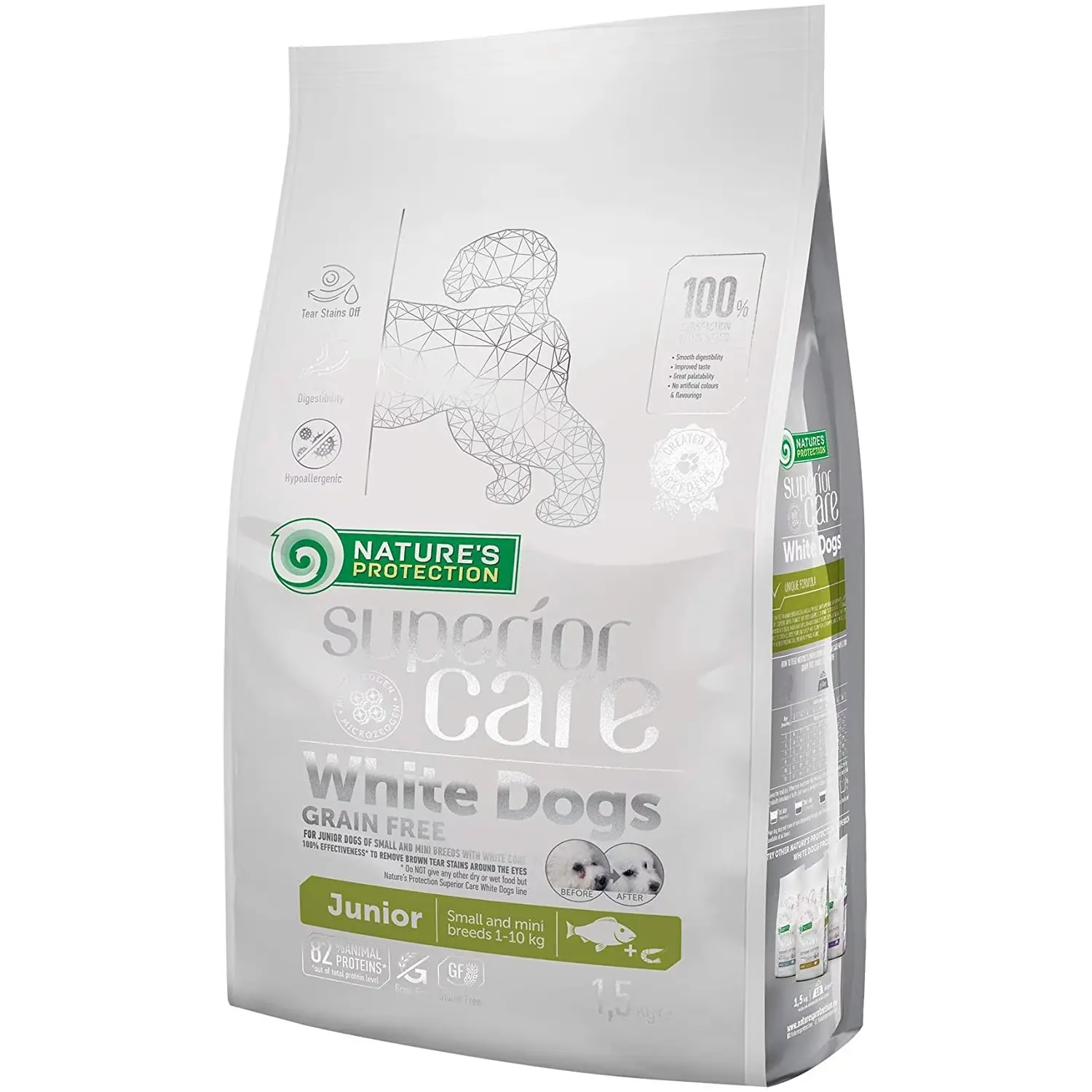 Nature's Protection Superior Care White Dogs Junior, peste alb, hrana uscata pentru caini juniori de talie mica, 1.5 kg