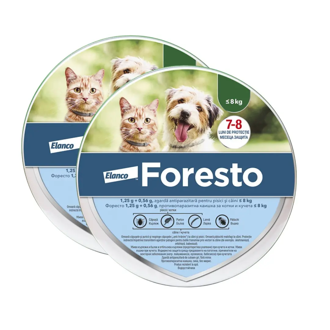 Set 2 zgarzi antiparazitare Foresto S (38 cm), pentru caini cu greutate sub 8 kg