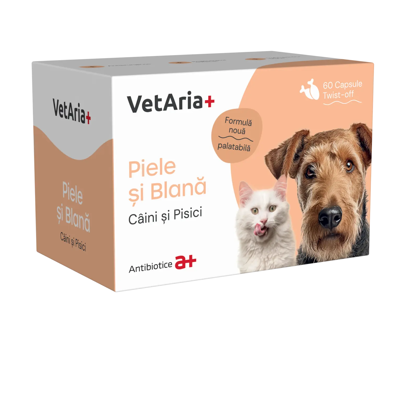 Supliment piele si blana pentru caini si pisici, VetAria+, 60 capsule, twist-off