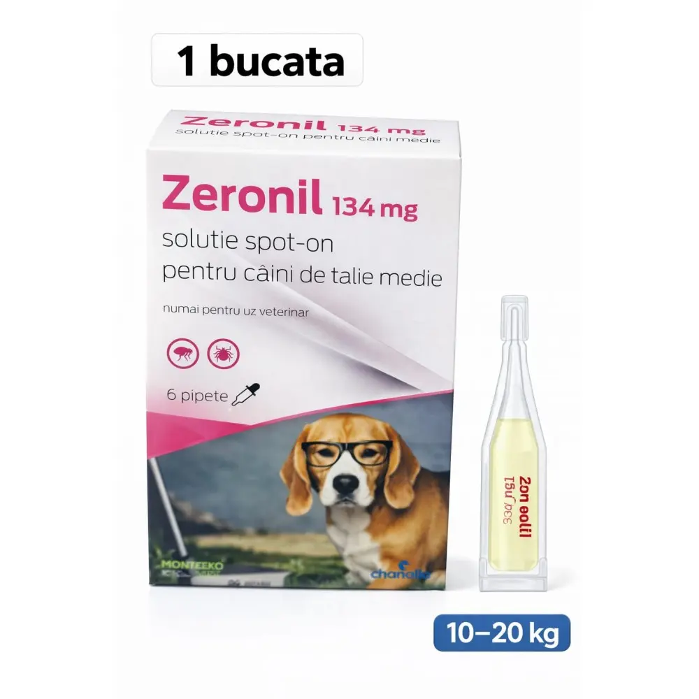 Zeronil, solutie antiparazitara pentru caini talie medie intre 10.20 kg, 134 mg, 1 pipeta, EXPIRA 30.07.2026
