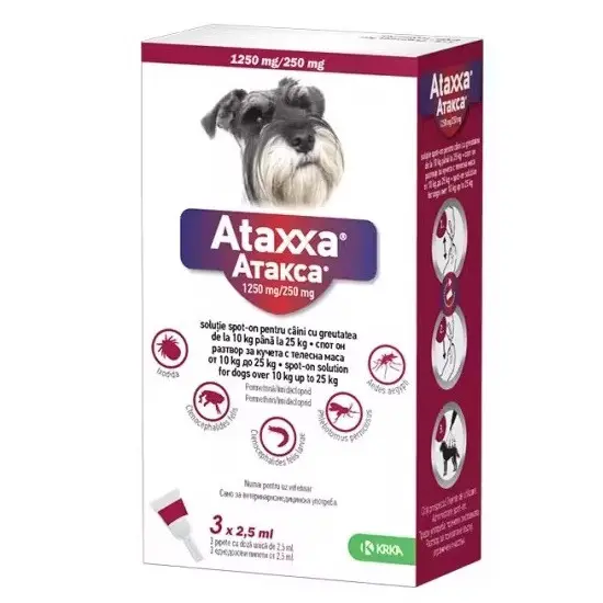 Ataxxa 1250 mg/250 mg, antiparazitar extern pentru caine de talie medie (10-25 kg), 3 pipete