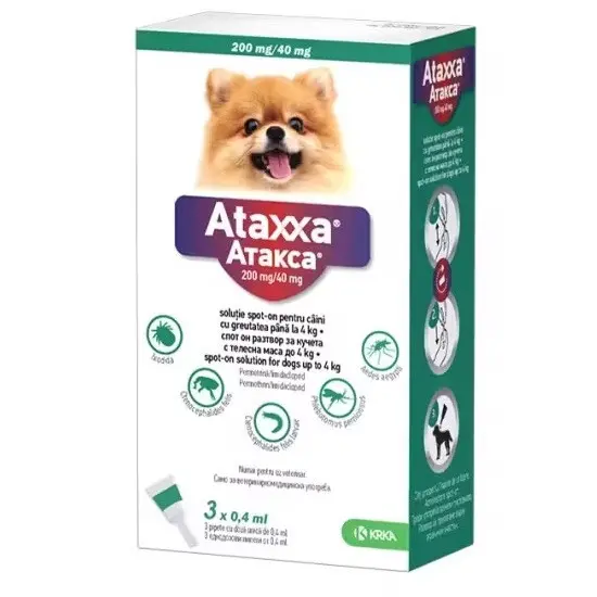 Ataxxa 200 mg/40 mg, antiparazitar extern pentru caini de talie foarte mica (0-4 kg), 3 pipete