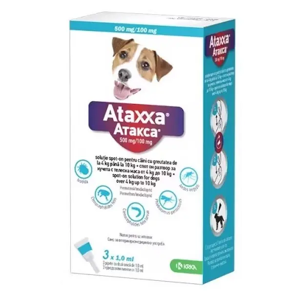 Ataxxa 500 mg/100 mg, antiparazitar extern pentru caini de talie mica (4-10 kg), 3 pipete
