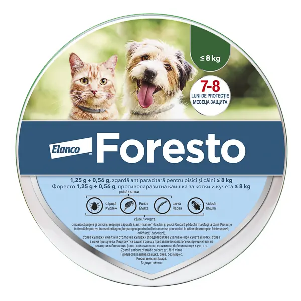 Zgarda Foresto S (38 cm), zgarda antiparazitara pentru caini cu greutatea sub 8 kg