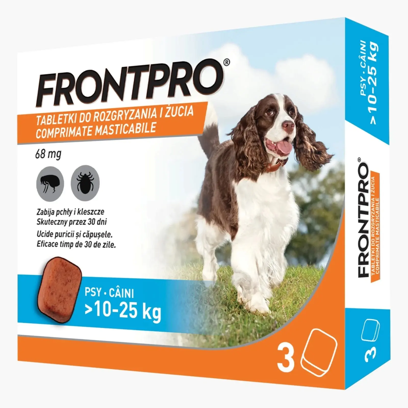 Antiparazitar caini impotriva puricilor si a capuselor, sub forma de comprimat, FrontPro L 68 mg, pentru caini intre 10-25 kg, 1 comprimat