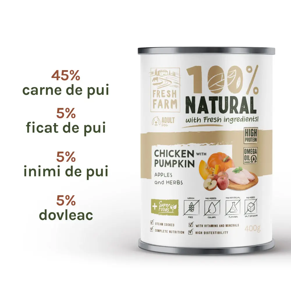 Fresh Farm Coarse pate, cu pui, dovleac, mere si ierburil, hrana umeda pentru caini, fara cereale, 400 gr