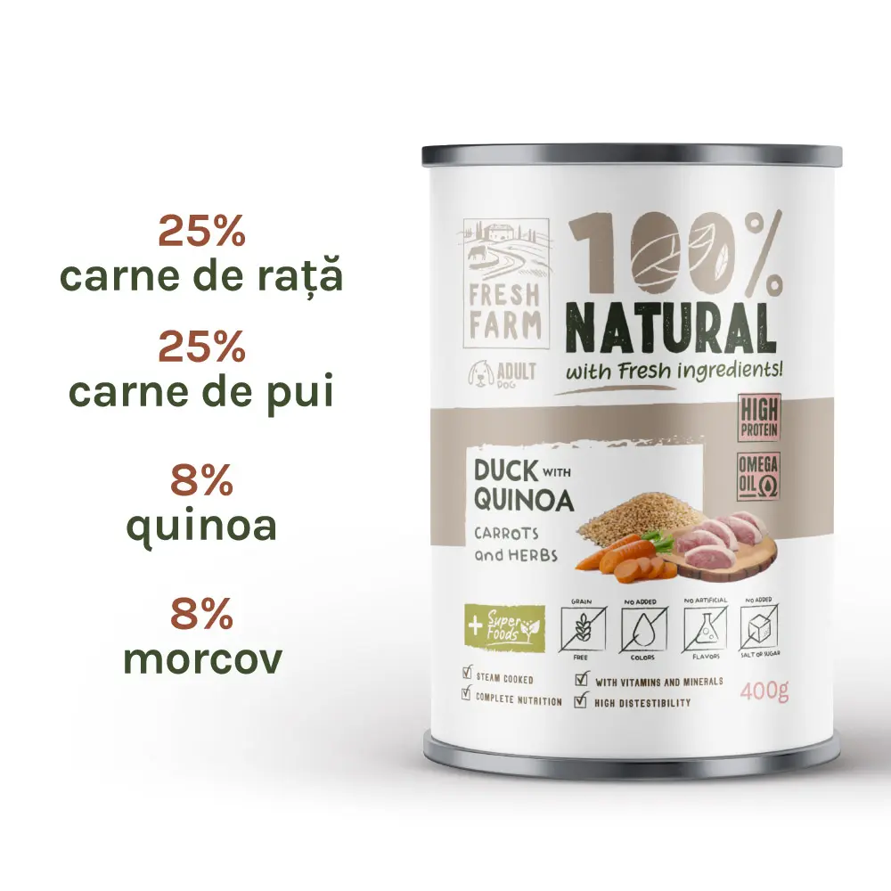 Fresh Farm Coarse pate, cu rata, quinoa, morcov si amestec de ierburi, hrana umeda pentru caini, fara cereale, 400 gr