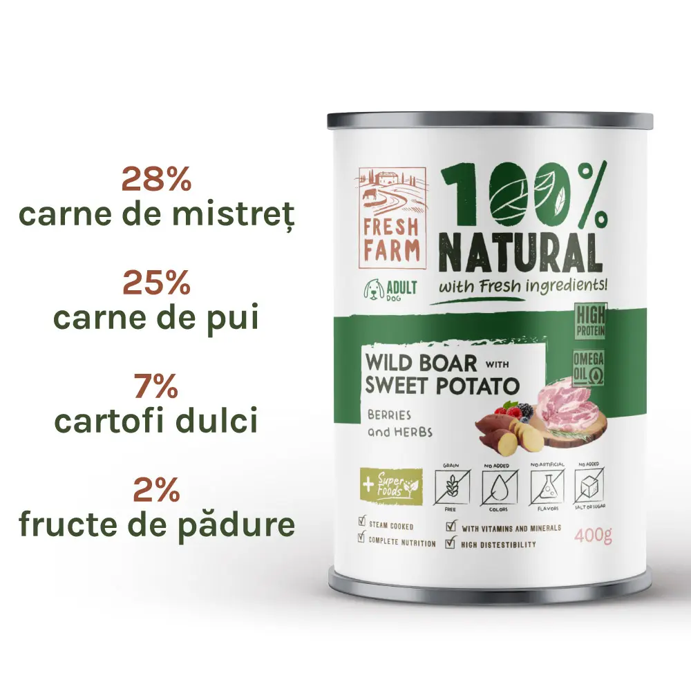 Fresh Farm Coarse pate, cu mistret, cartofi dulci, fructe de padure si amestec de ierburi, hrana umeda pentru caini, fara cereale, 400 gr