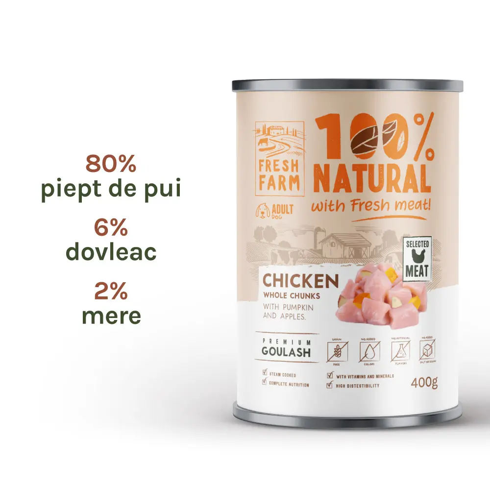 Fresh Farm Goulash, cu pui, dovleac si merei, hrana umeda pentru caini, fara cereale, 400 gr