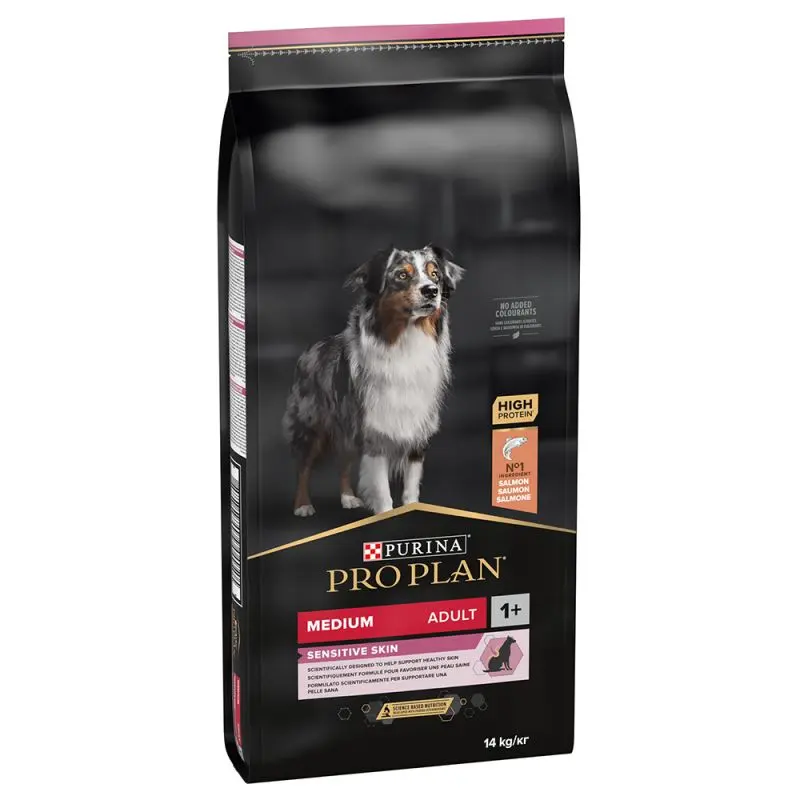 Purina Pro Plan Medium Adult Sensitive Skin, somon, hrana uscata pentru caini adulti de talie medie cu piele sensibila, 14 kg