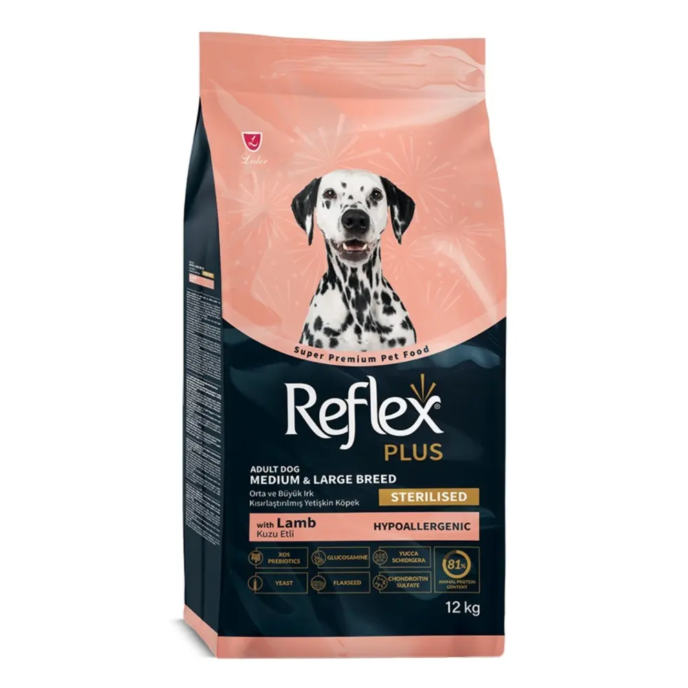 Reflex Light & Sterilised, hrana uscata superpremium, hipoalergenica, pentru caini adulti, cu miel si orez 12 kg