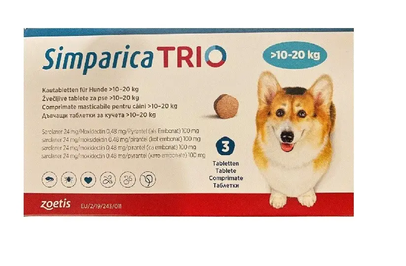 Antiparazitar extern pentru caini intre 10-20 kg Simparica Trio, 1 tableta (24 mg)
