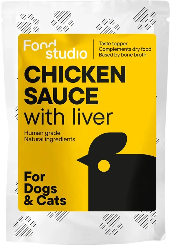 Food Studio, Sos pentru caini si pisici, din oase de gaini crescute in aer liber , cu ficat de pui si morcovi, 1 X 100 ml