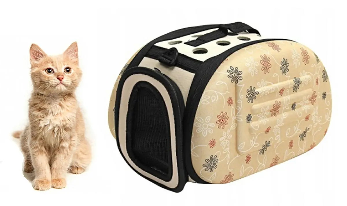 Geanta de transport caini si pisici, bej deschis cu model floral, 35 x 22 x 20 cm