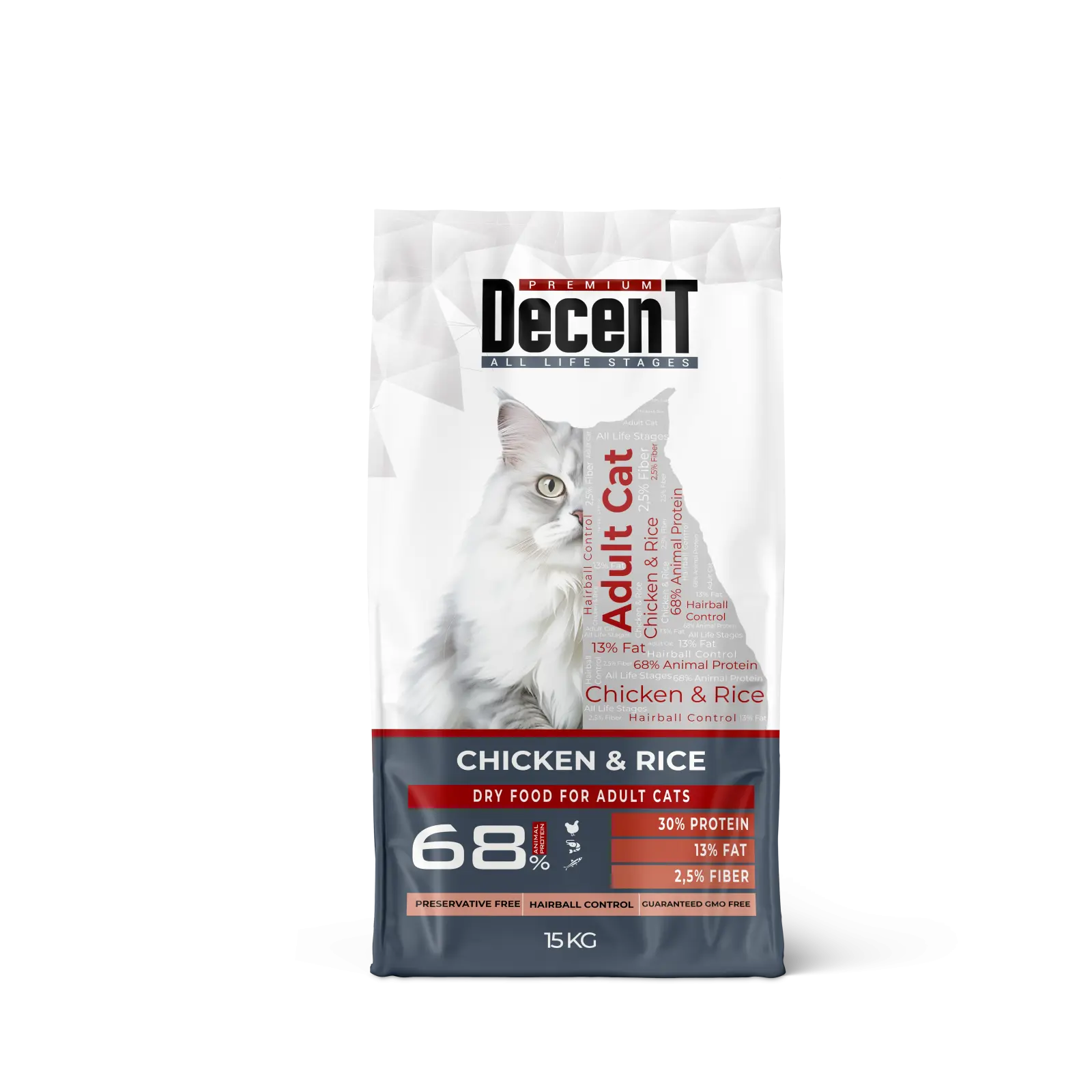 Hrana uscata pentru pisici adulte, Decent Haiball Care, cu pui si orez, 15 kg