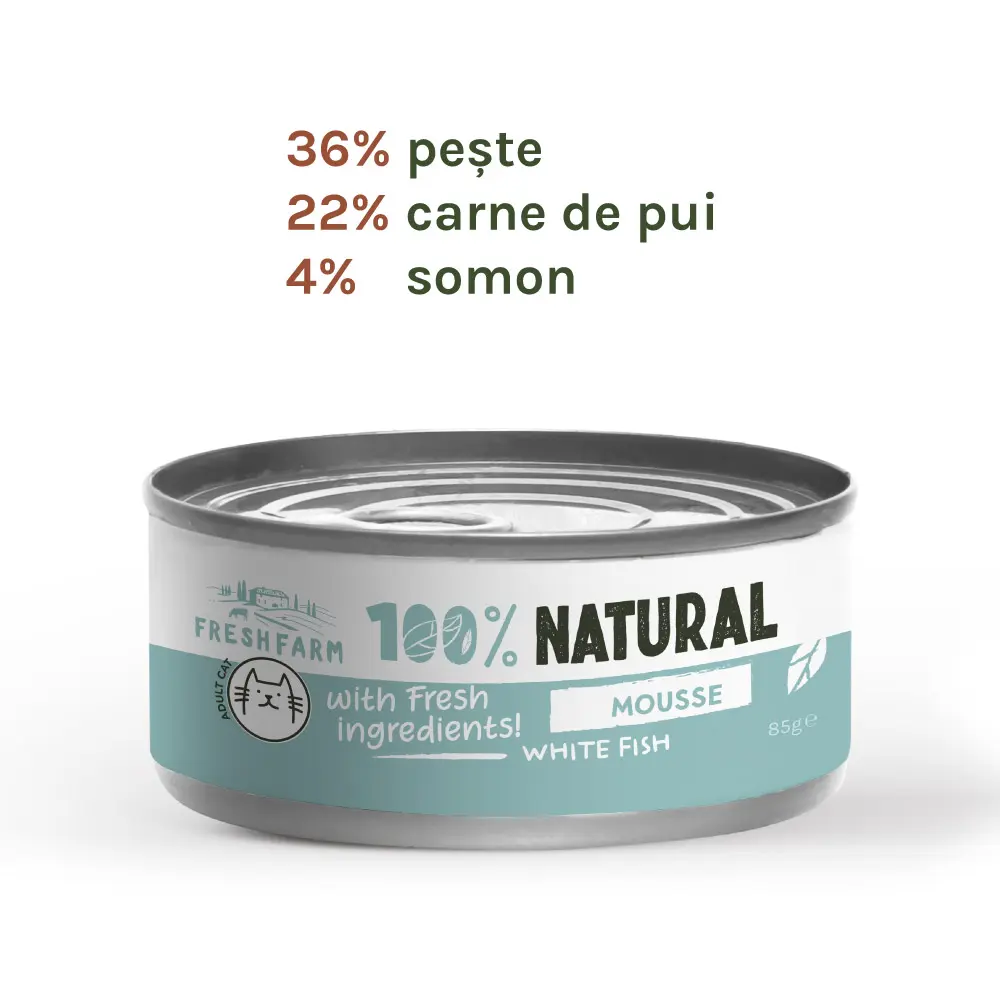 Fresh Farm Mousse pate, cu peste, hrana umeda pentru pisici, fara cereale, 85 gr
