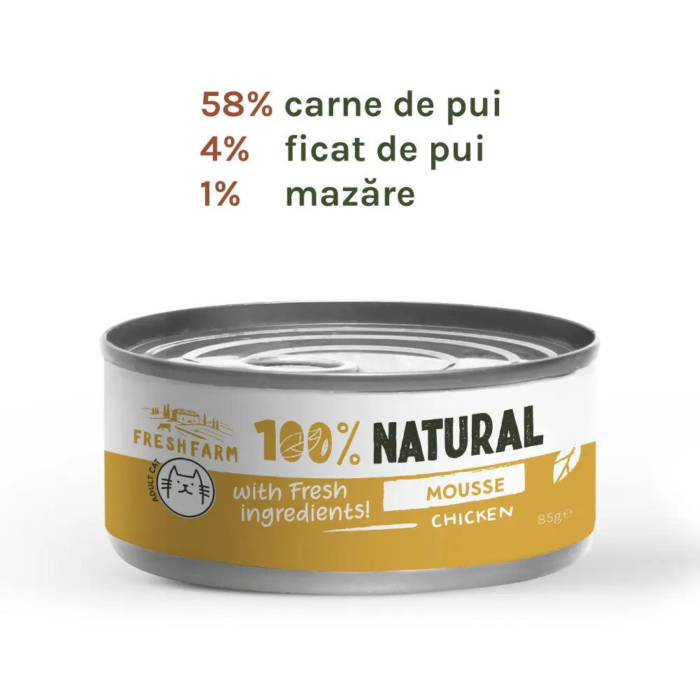 Fresh Farm Mousse pate, cu pui, hrana umeda pentru pisici, fara cereale, 85 gr