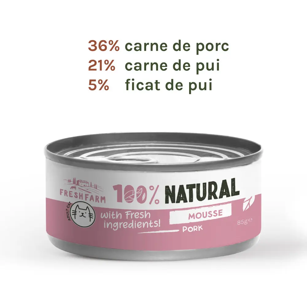 Fresh Farm Mousse pate, cu porc, hrana umeda pentru pisici, fara cereale, 85 gr