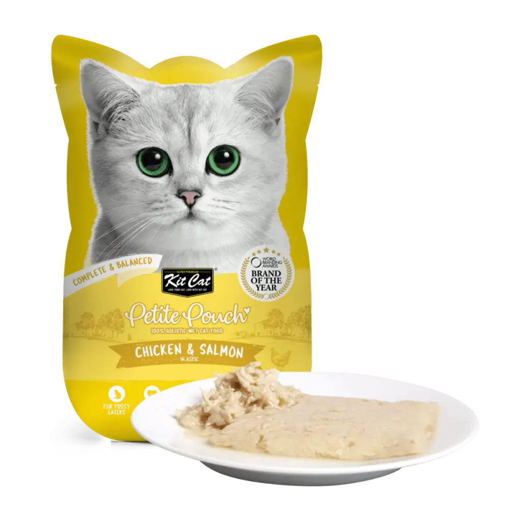 Kit Cat Petite Pouch, hrana umeda pentru pisici, plic cu pui si somon, 1 X 70 gr