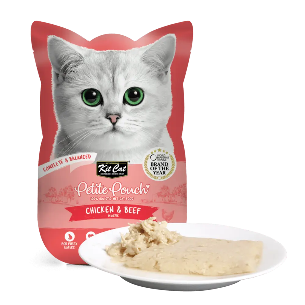 Kit Cat Petite Pouch, hrana umeda pentru pisici, plic cu pui si vita, 1 X 70 gr