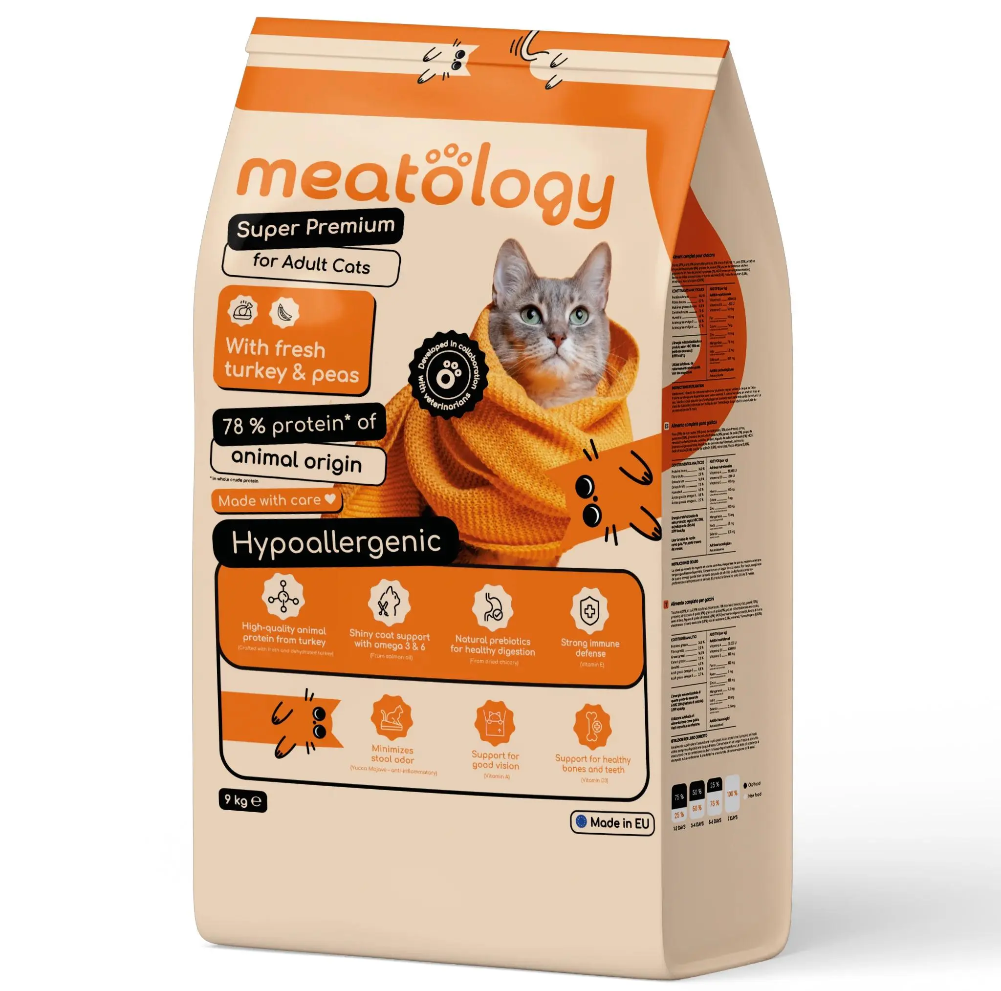 Meatology, hrana uscata superpremium, hipoalergenica, pentru pisici adulte, cu curcan si mazare, 9 kg