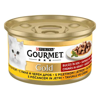 Purina Gourmet Gold, pui si ficat, hrana umeda pentru pisici, 85 g