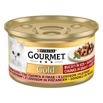 Purina Gourmet Gold, pui si somon, hrana umeda pentru pisici, 85 g