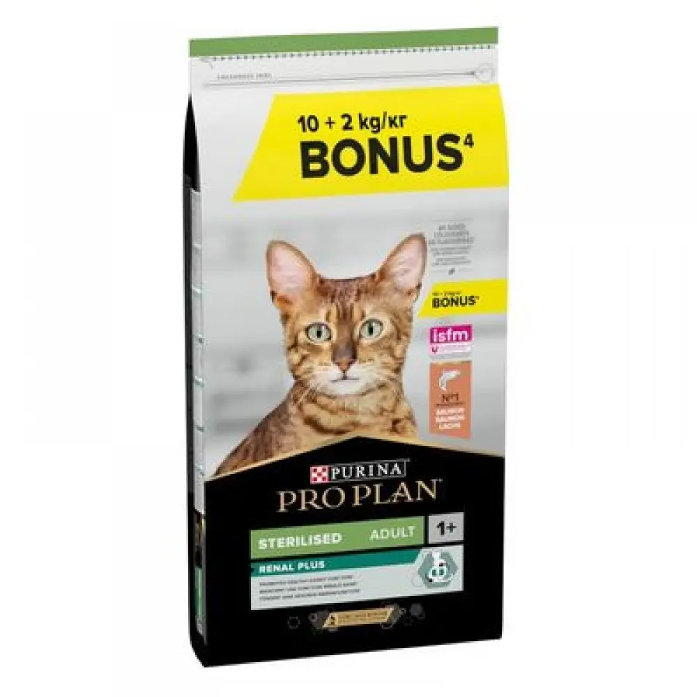 Purina Pro Plan Sterilised Renal Plus, somon, hrana uscata pentru pisici adulte sterilizate, 10 Plus 2 kg