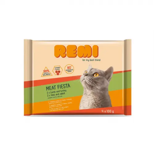 Remi Hrana Umeda Pentru Pisici Adulte Meat Fiesta 4 X 100 Gr