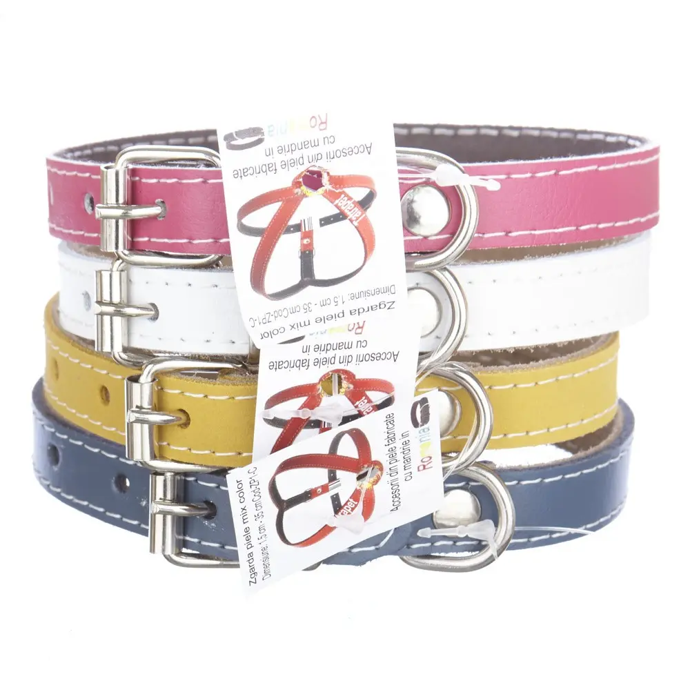 Zgarda din piele pentru caini de talie medie, mix color, 1.5 cm x 35 cm