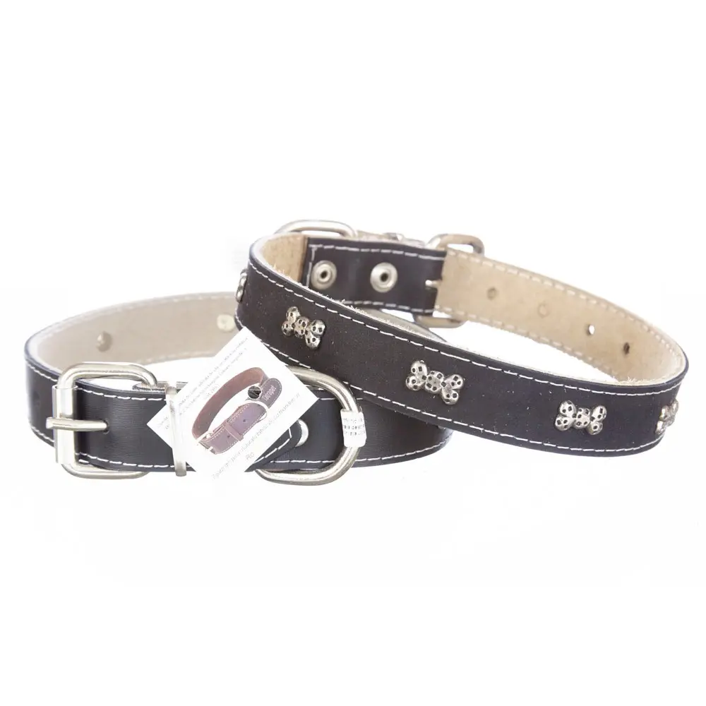 Zgarda din piele, neagra, cu ornamente tip oase, 2.3 cm x 50 cm, pentru caini de talie medie