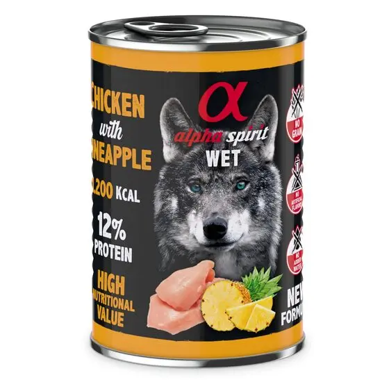 Hrana umeda Premium pentru caine Alpha Spirit, cu pui si ananas, 400 g