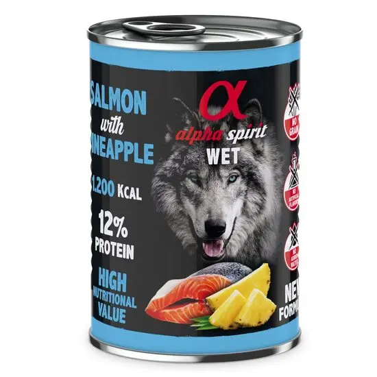 Hrana umeda Premium pentru caine Alpha Spirit, cu somon si ananas, 400 g