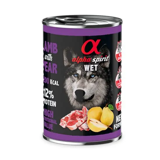 Hrana umeda Premium pentru caine Alpha Spirit, cu miel si pere, 400 g