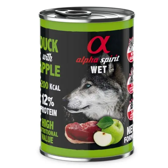 Hrana umeda Premium pentru caine Alpha Spirit, cu rata si mere verzi, 400 g