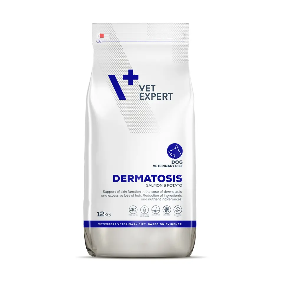 Hrana dietetica pentru caini cu afectiuni dermatologice Vet Expert Dermatosis Dog, carne de somon si cartofi, 12 kg