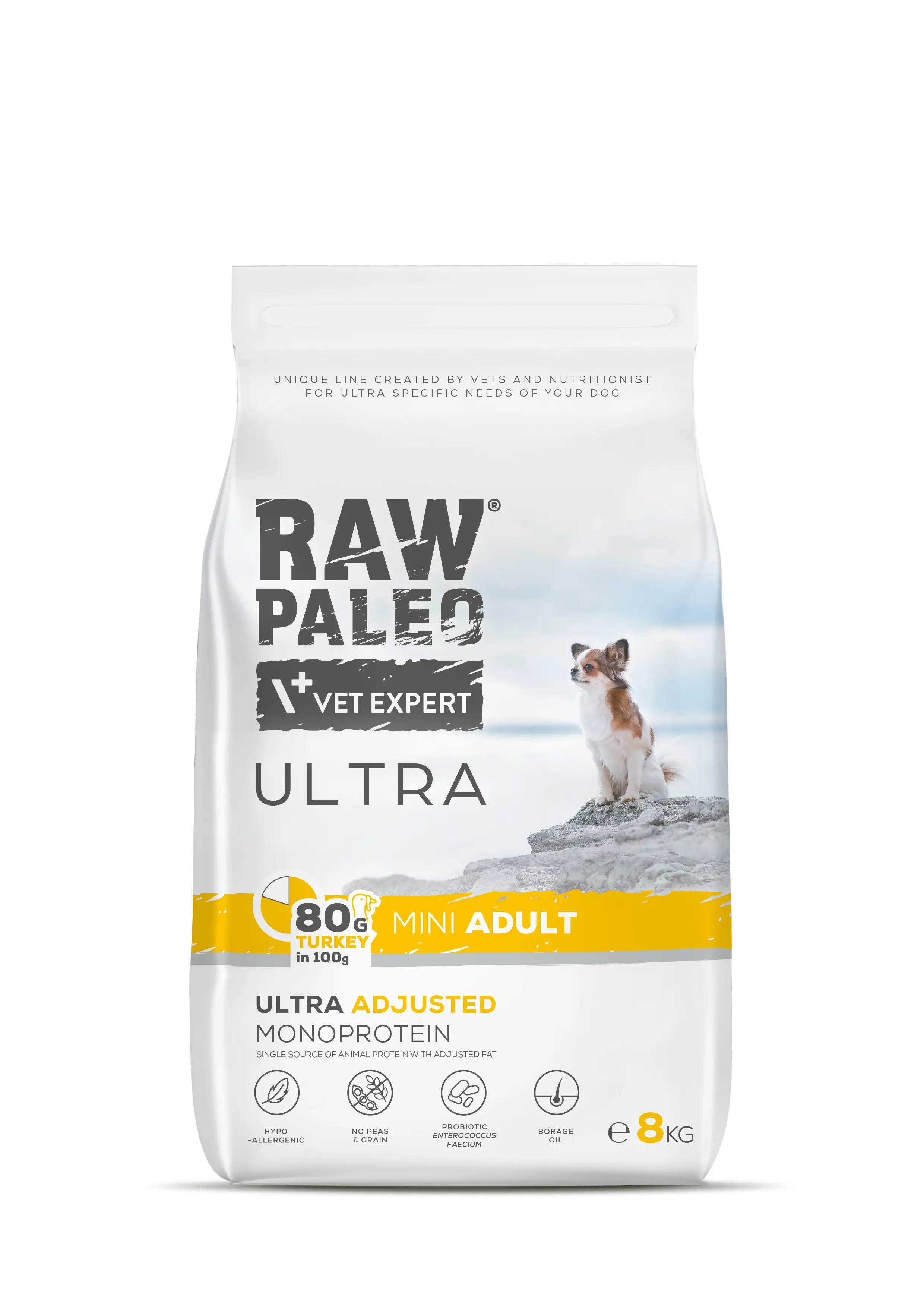 Hrana uscata pentru caini Raw Paleo Ultra Turkey Mini Adult, 8 kg