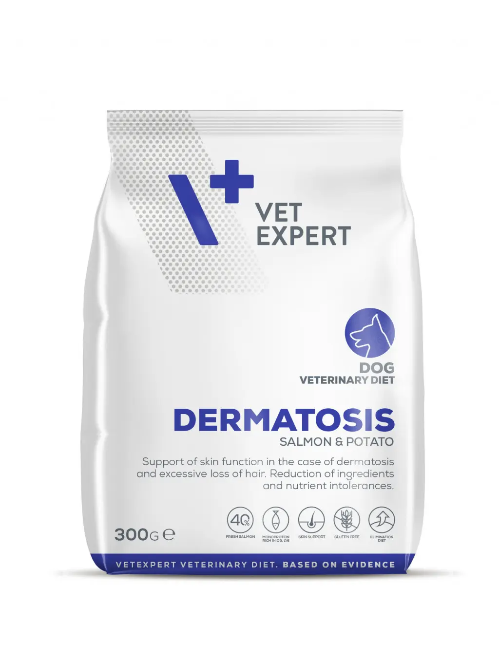 Hrana dietetica pentru caini cu afectiuni dermatologice Vet Expert Dermatosis Dog, somon si cartofi, 300 g