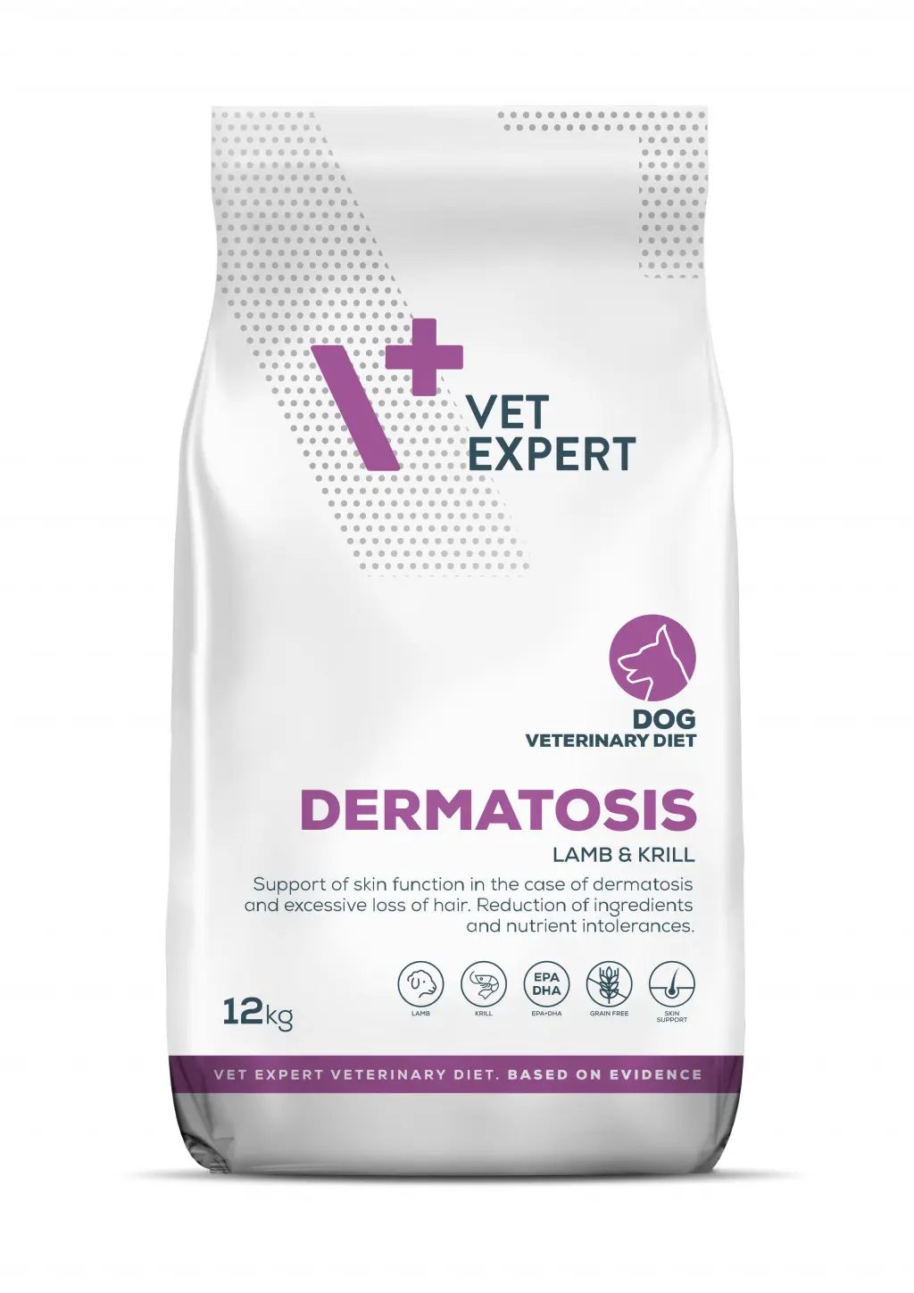 Hrana dietetica pentru caini cu afectiuni dermatologice Vet Expert Dermatosis Dog, miel si krill, 12 kg