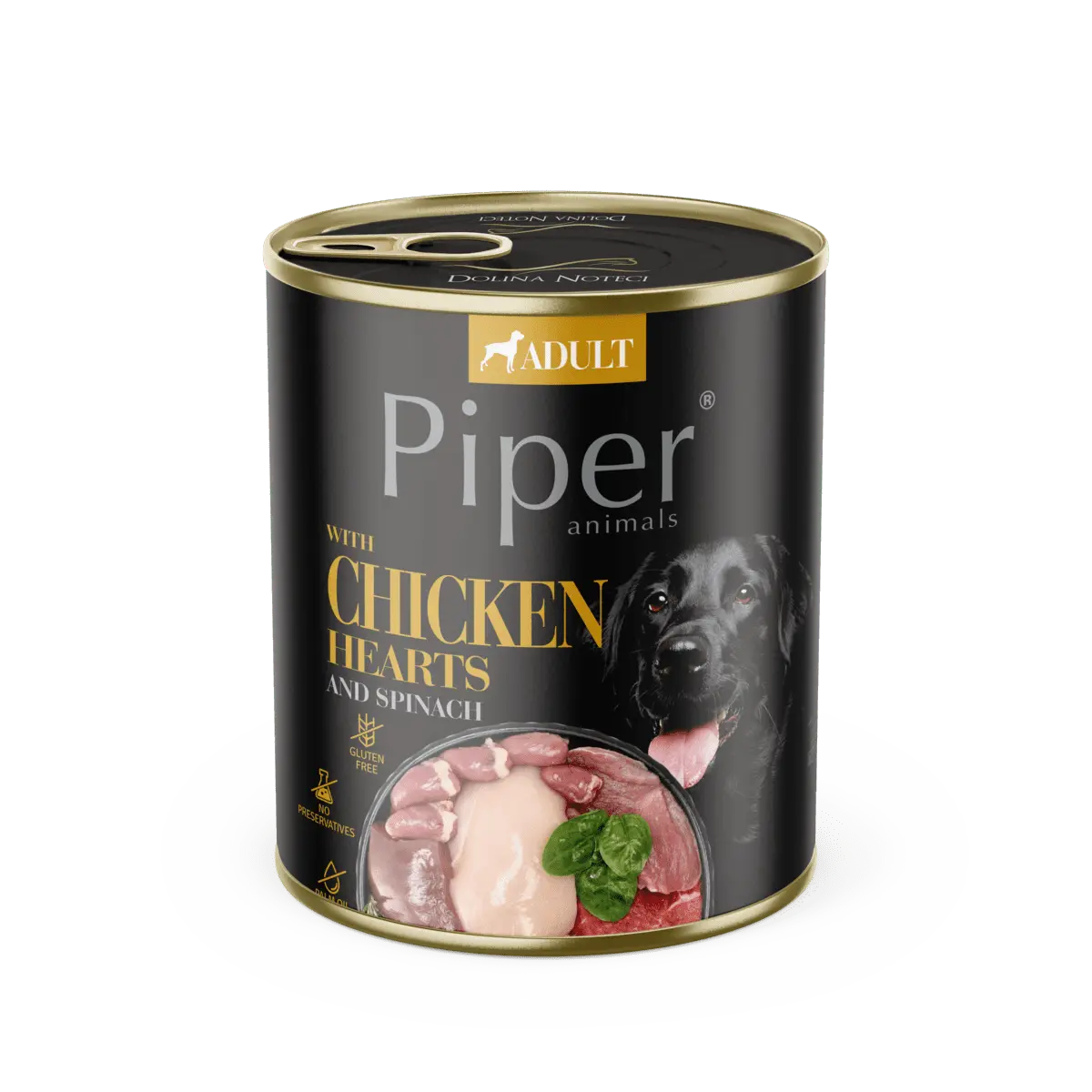 Hrana umeda pentru caini PIPER DOG, inimi de pui si spanac. 800g